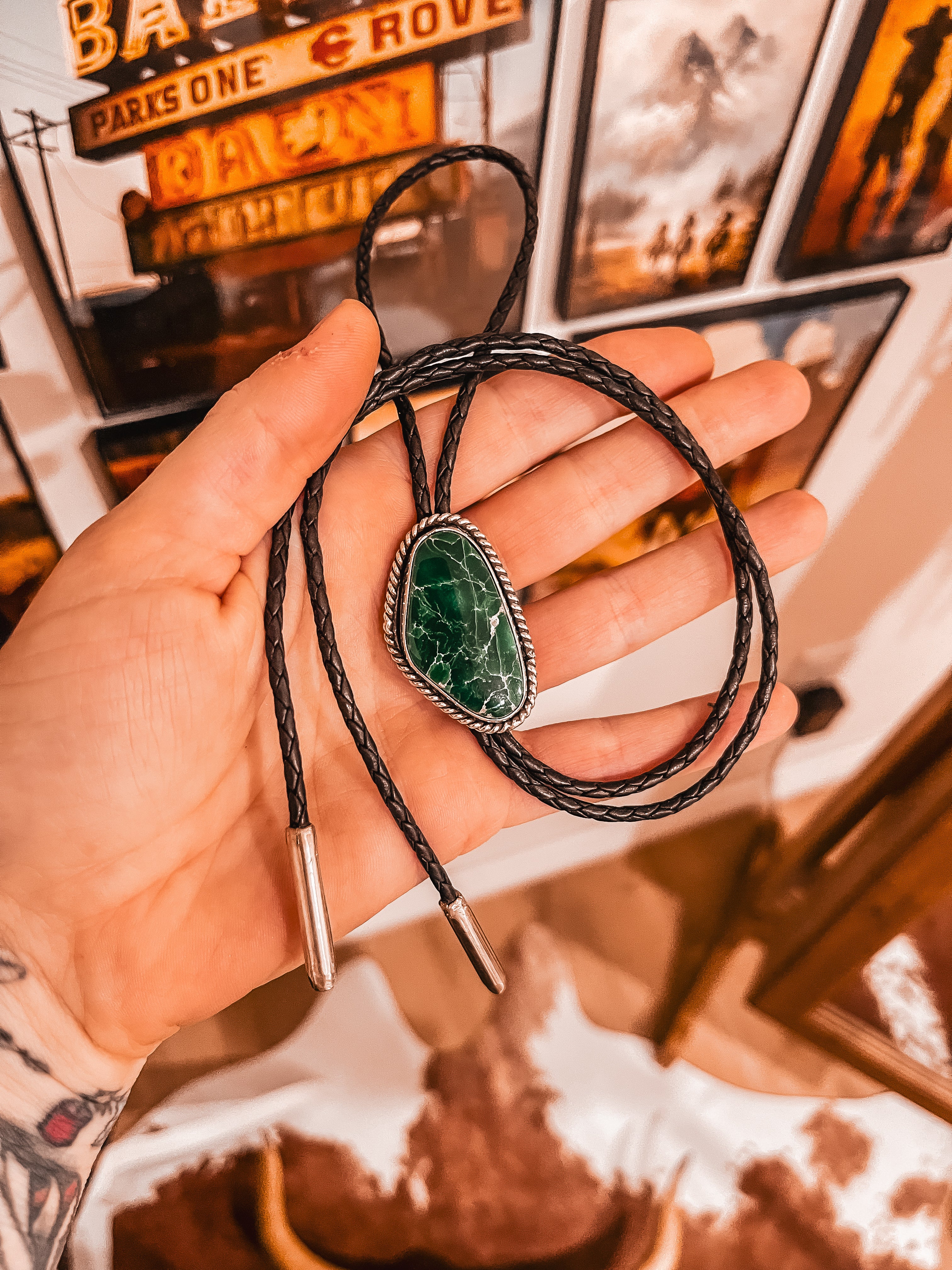 Large Broken Arrow Variscite Bolo Tie