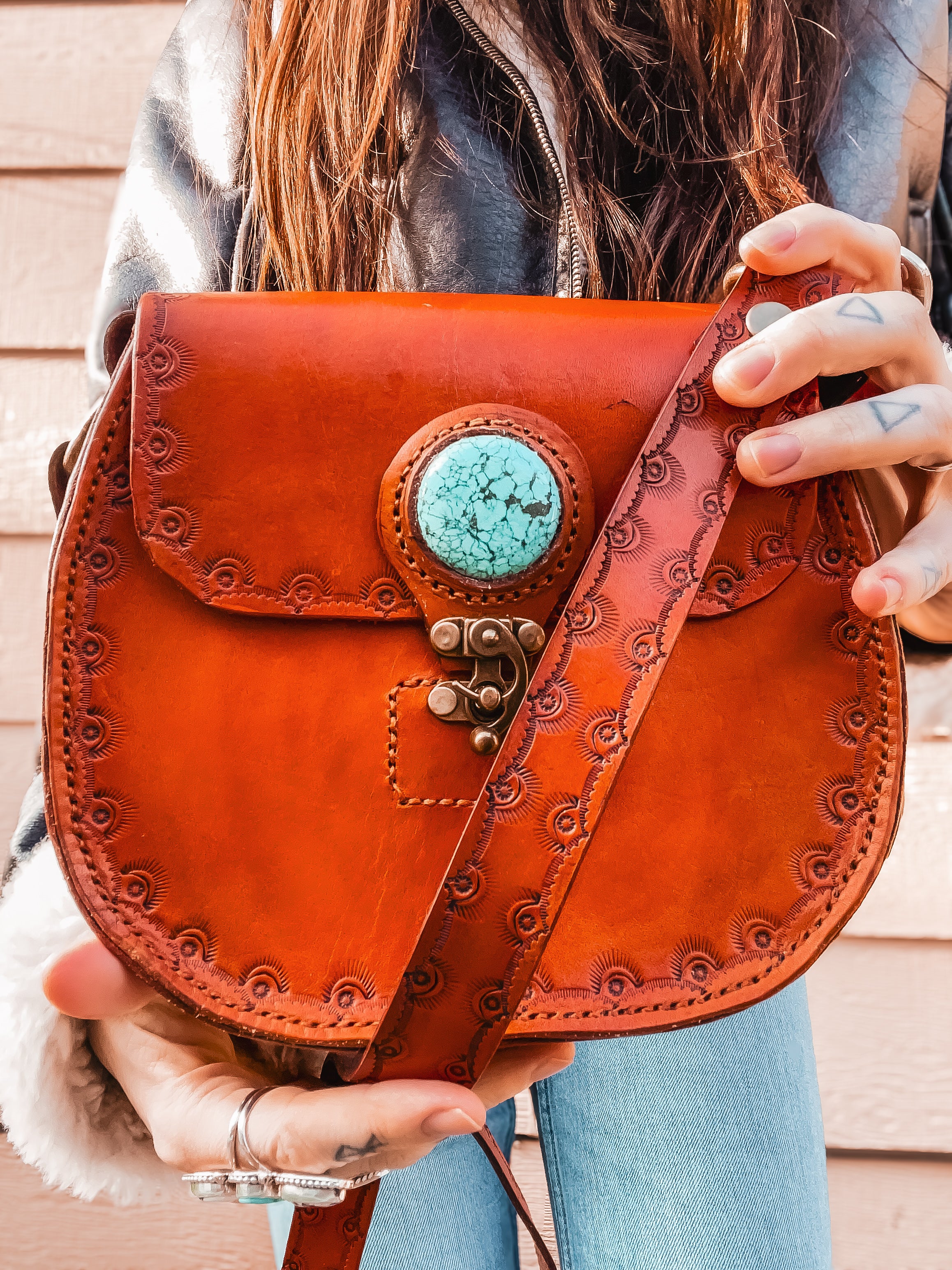 Handcrafted Leather Messenger Bag with Turquoise Stone