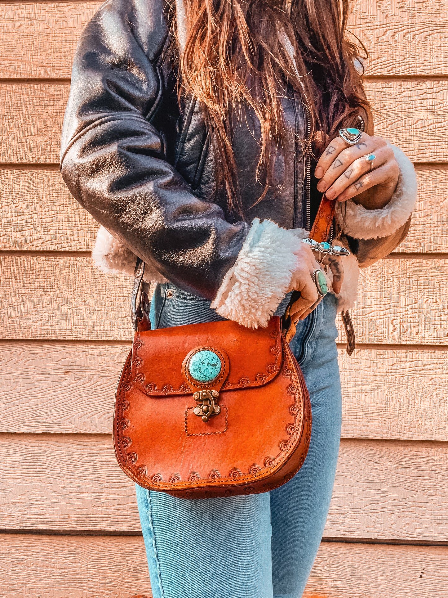 Handcrafted Leather Messenger Bag with Turquoise Stone