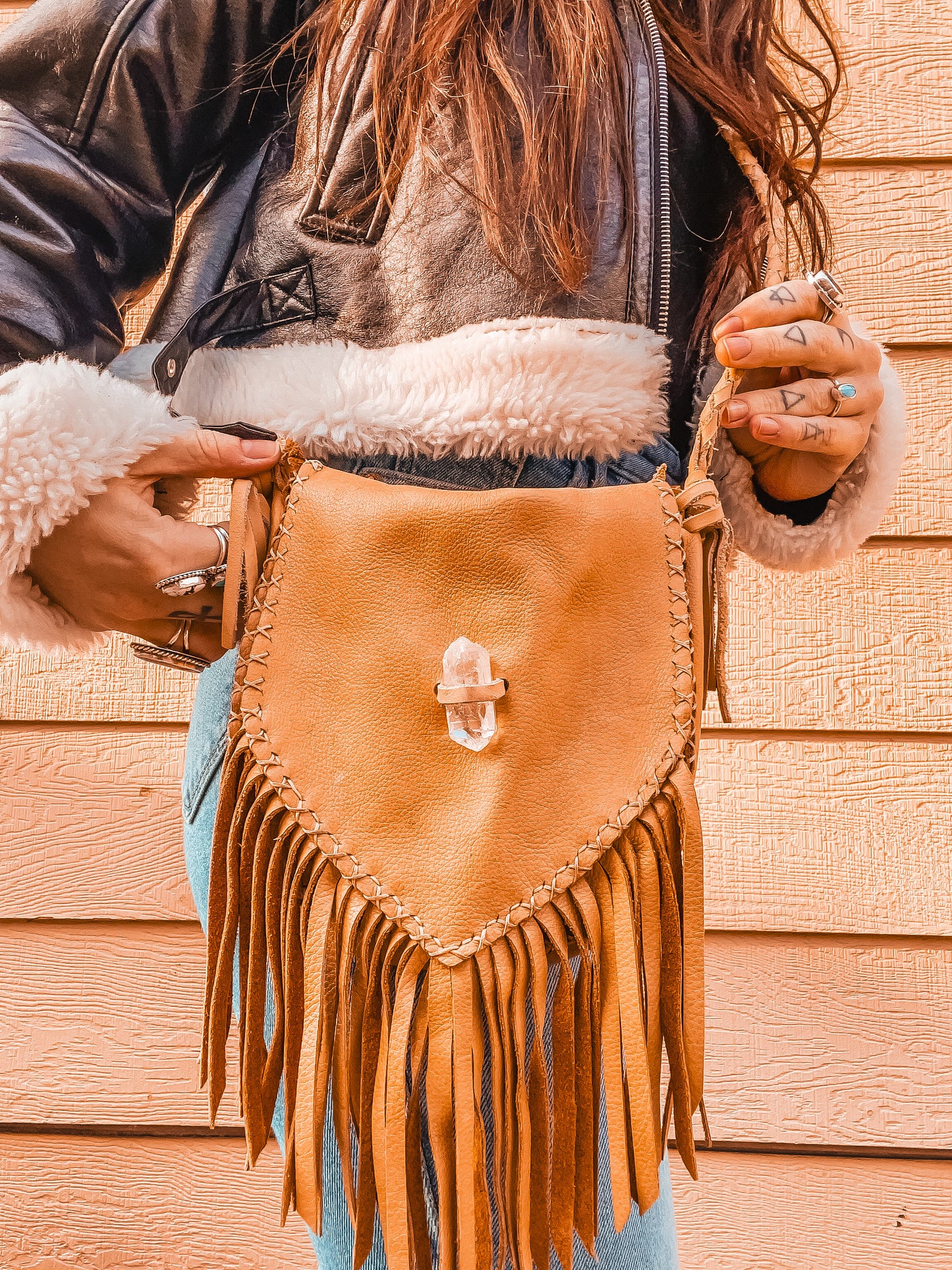 Handmade Deer Skin Leather Bag with Quartz & Fringe