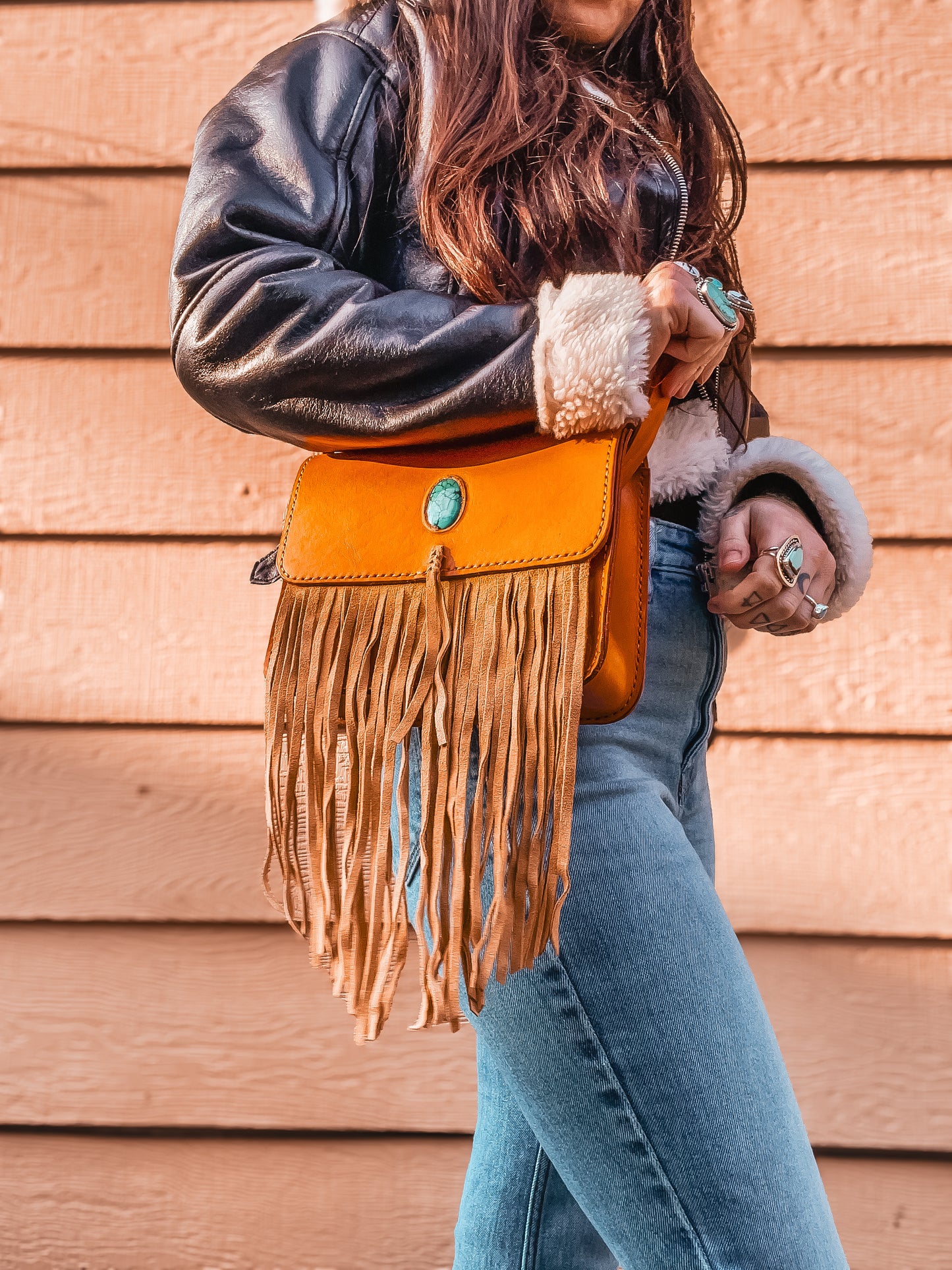 Hand Dyed and Hand Sewn Leather Bag with Fringe and Turquoise