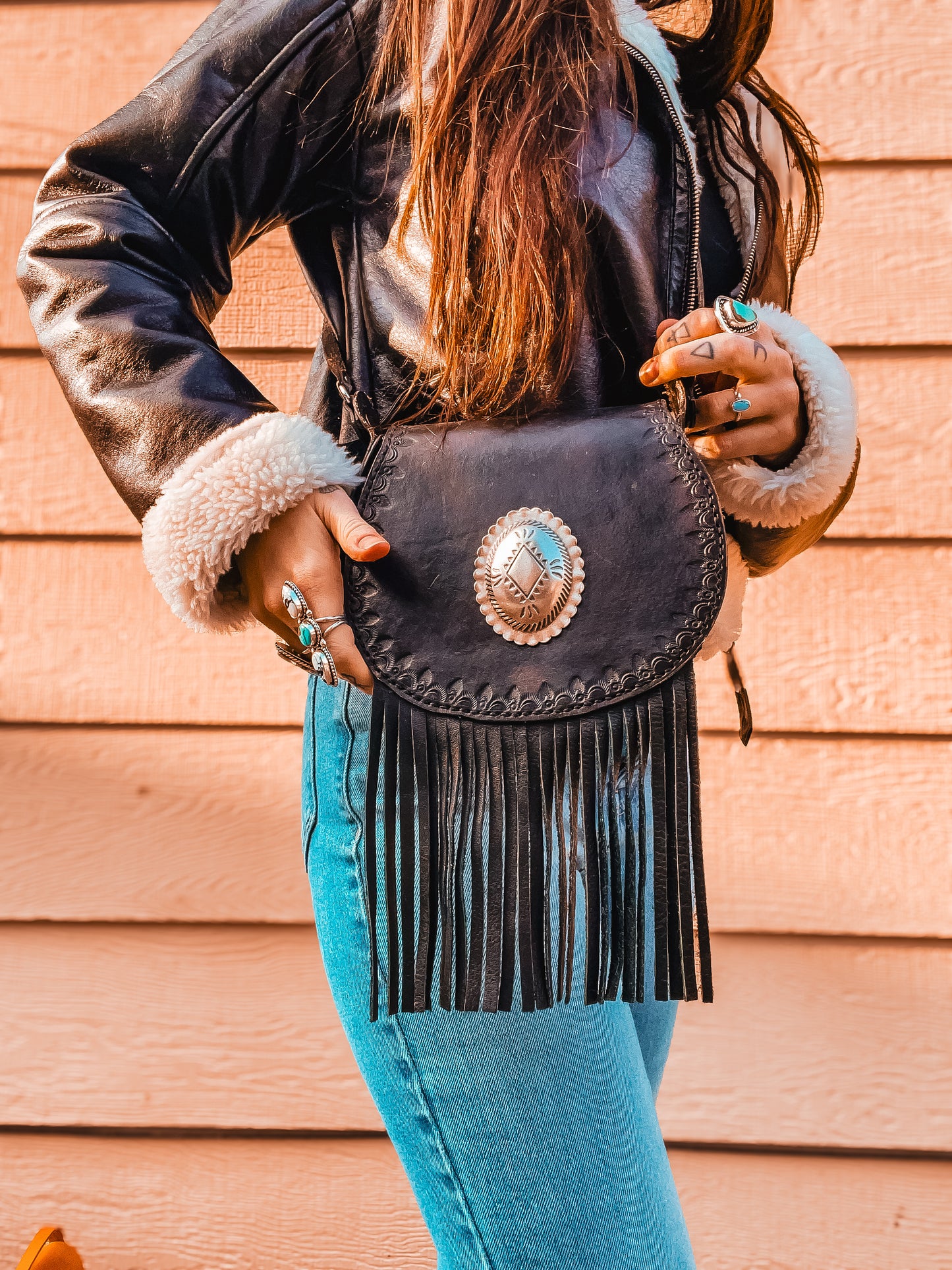 Handcrafted Leather Bag with Concho & Fringe