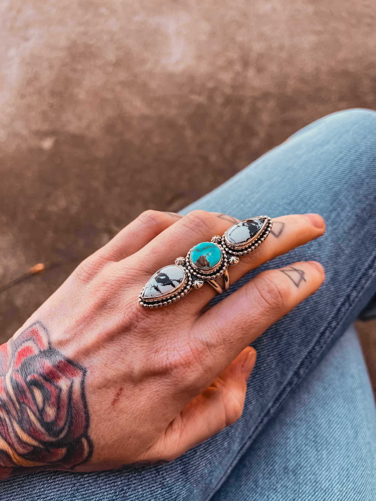 3 Stone Statement ring with White Buffalo and Dry Creek Turquoise