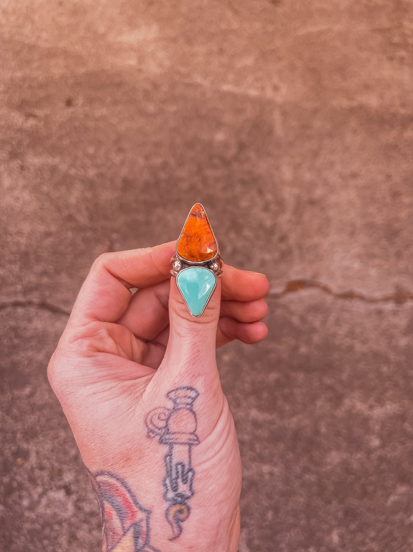 Double Banded Apple Coral & Royston Turquoise Ring (size 8.25)