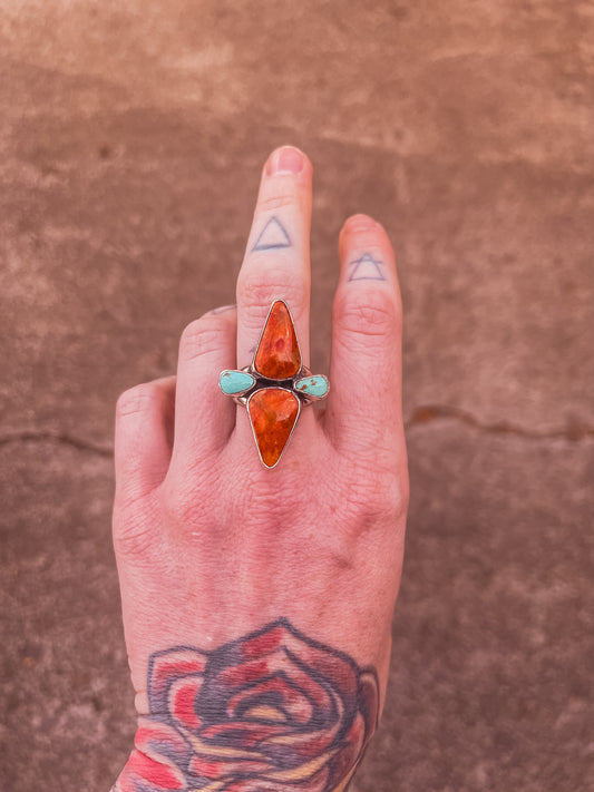 Double Banded Apple Coral & Royston Turquoise Ring (size 8.5)