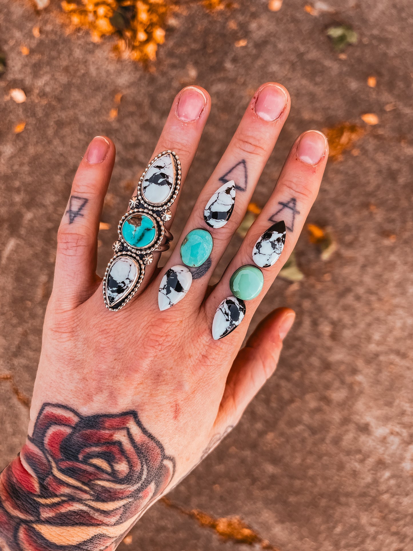 3 Stone Statement ring with White Buffalo and Dry Creek Turquoise