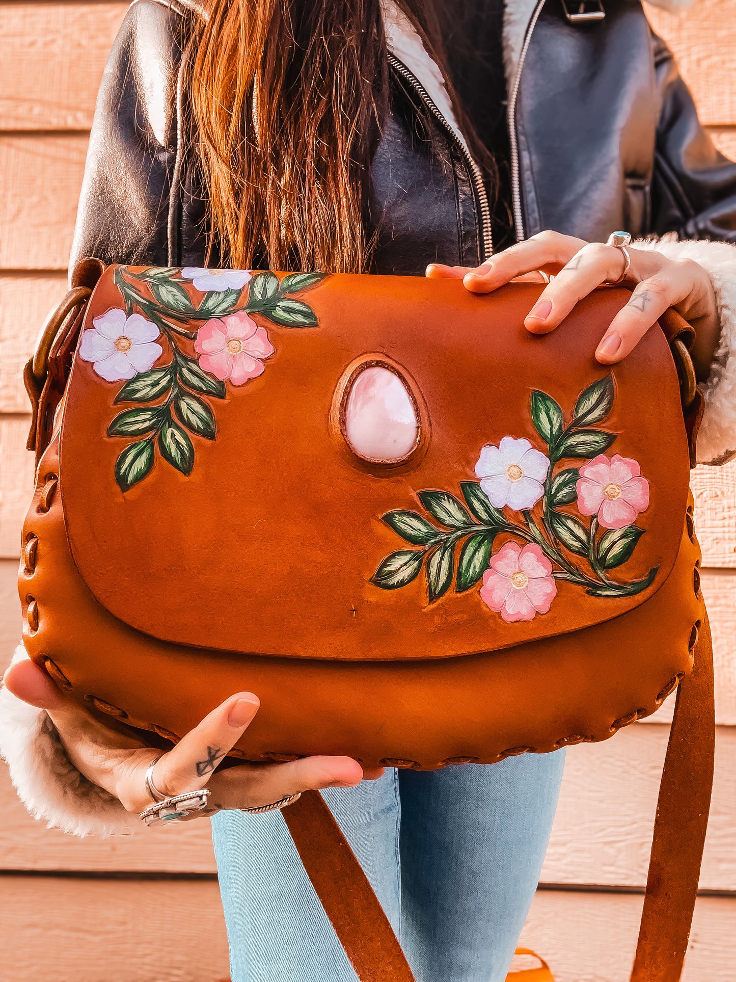 Handcrafted Leather Messenger Bag with Pink Opal