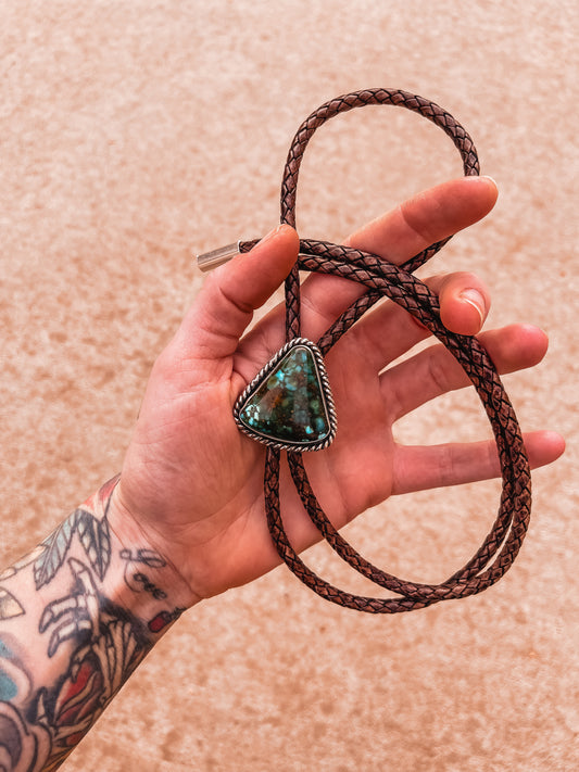 Large Thick Bolo with Antique Brown 5mm Cord and Heavy Kingman Turquoise