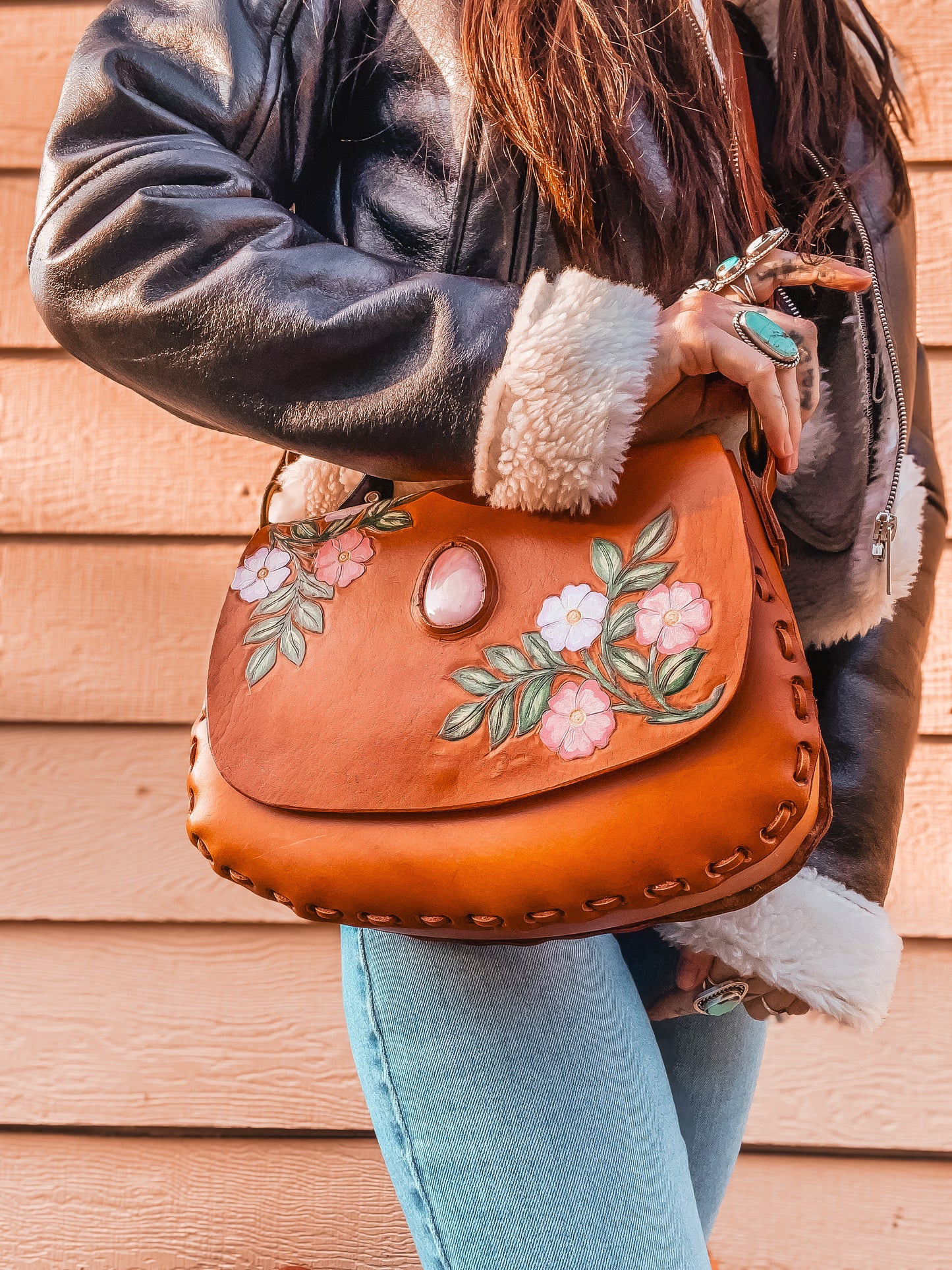 Handcrafted Leather Messenger Bag with Pink Opal