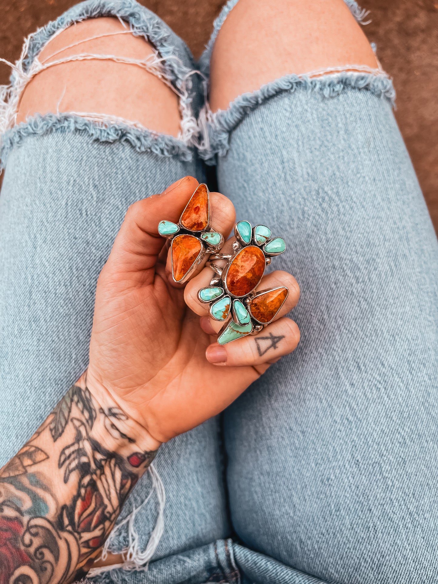 Double Banded Apple Coral & Royston Turquoise Ring (size 8.25)