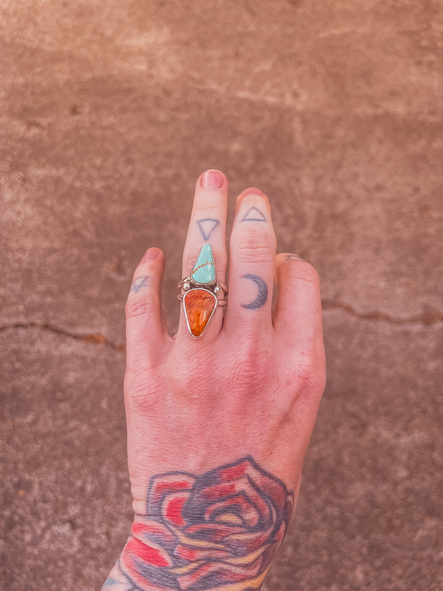 Double Banded Apple Coral & Royston Turquoise Ring (size 6.5)