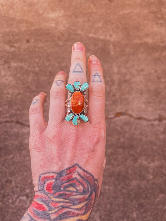 Double Banded Apple Coral & Royston Turquoise Ring (size 11)