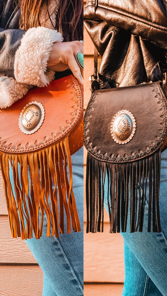 Handcrafted Leather Bag with Concho & Fringe