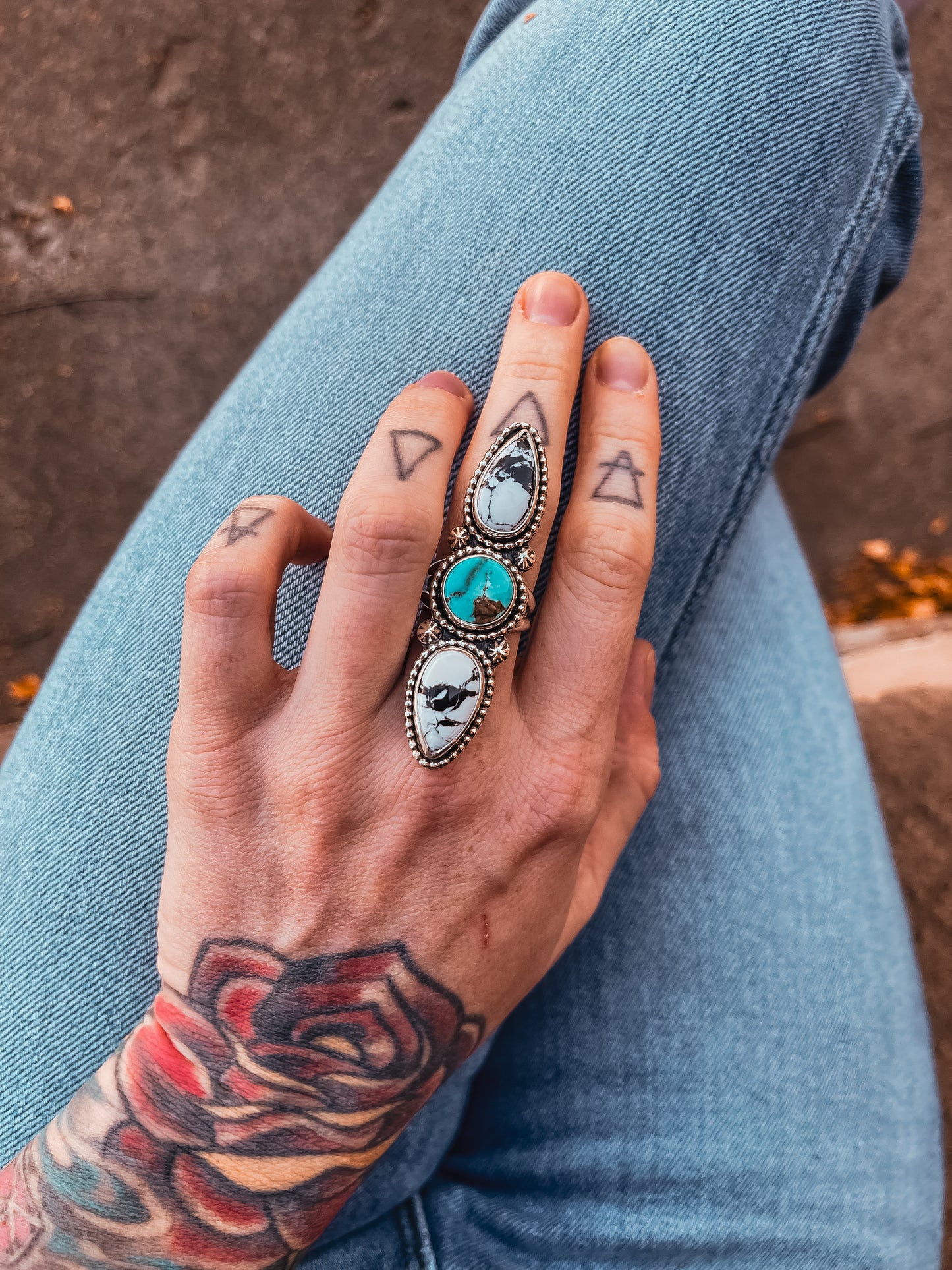 3 Stone Statement ring with White Buffalo and Dry Creek Turquoise