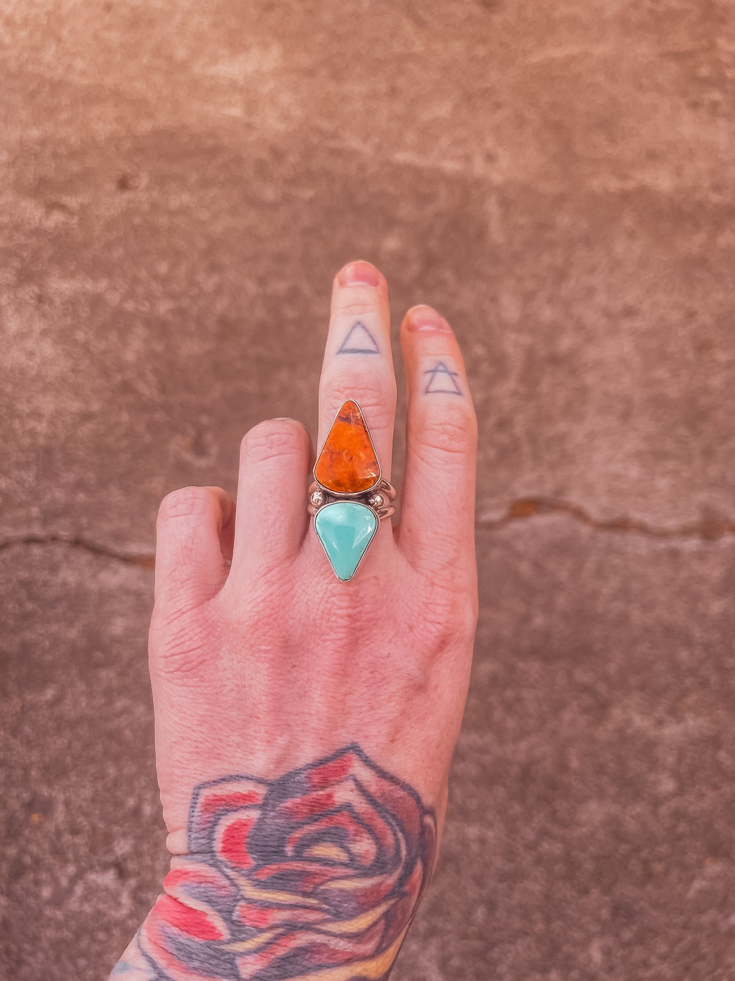 Double Banded Apple Coral & Royston Turquoise Ring (size 8.25)