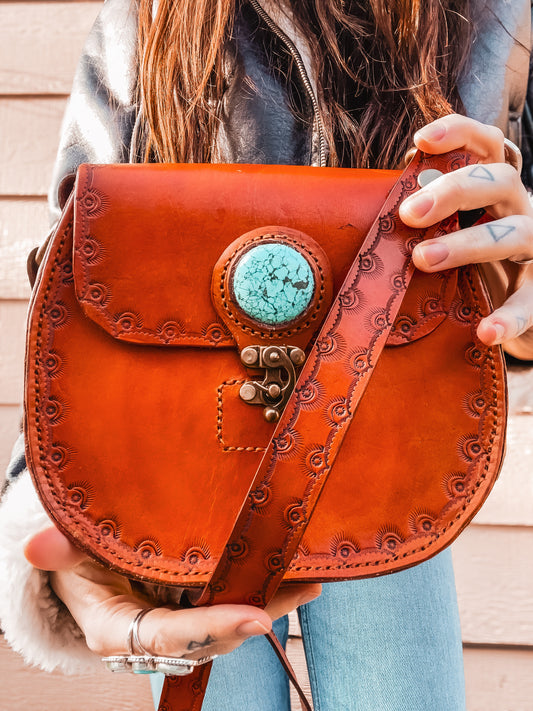 Handcrafted Leather Messenger Bag with Turquoise Stone