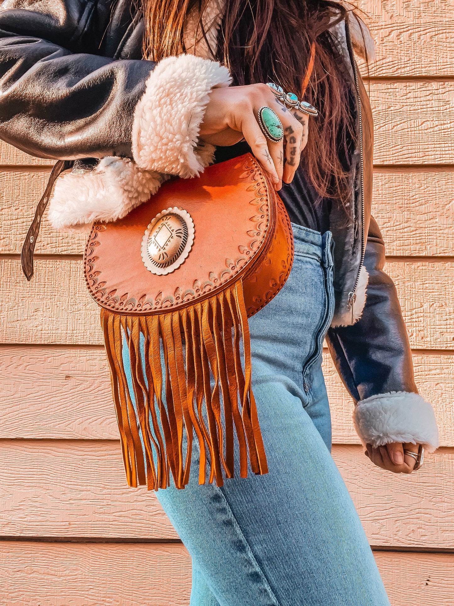 Handcrafted Leather Bag with Concho & Fringe