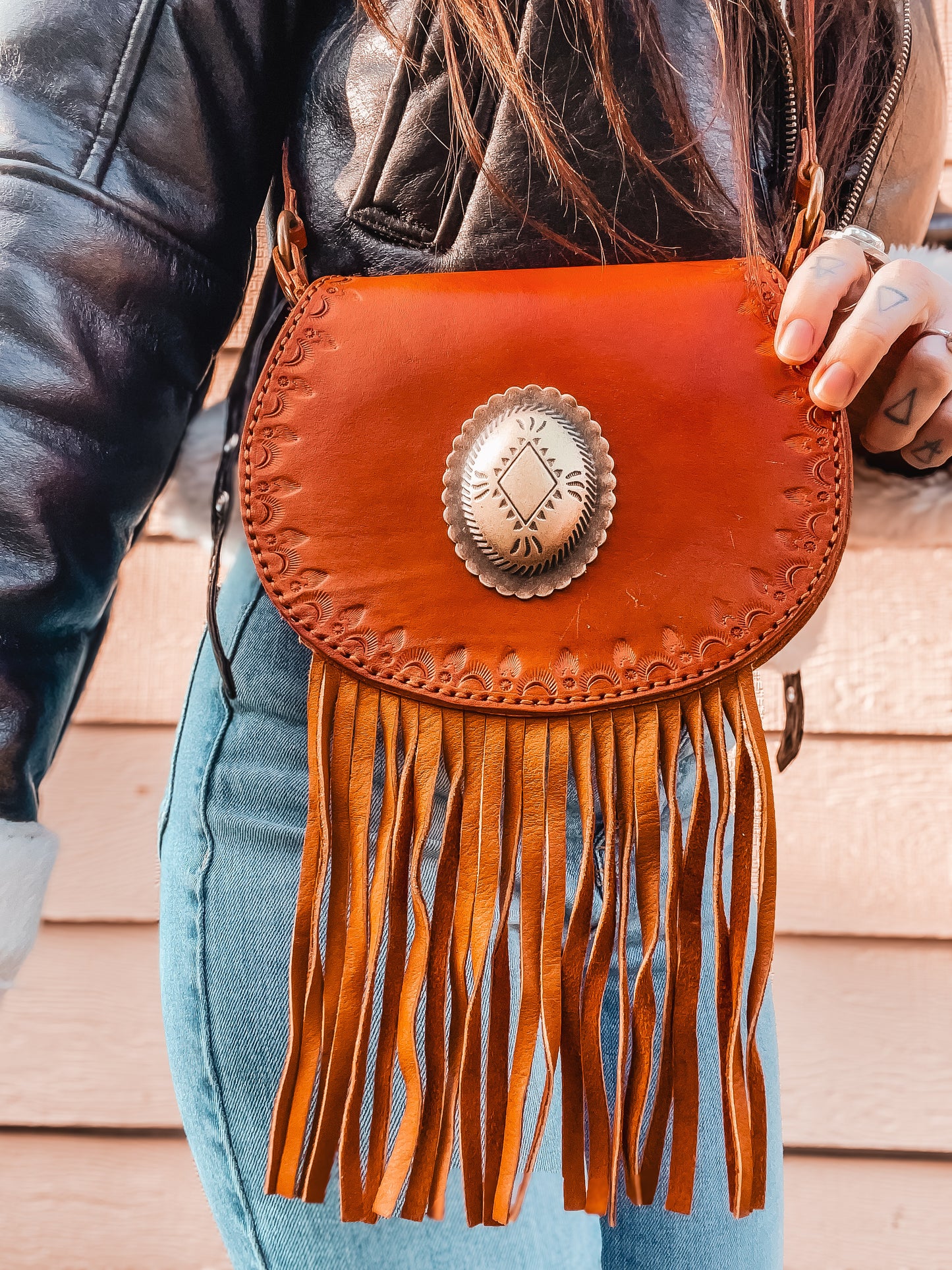 Handcrafted Leather Bag with Concho & Fringe