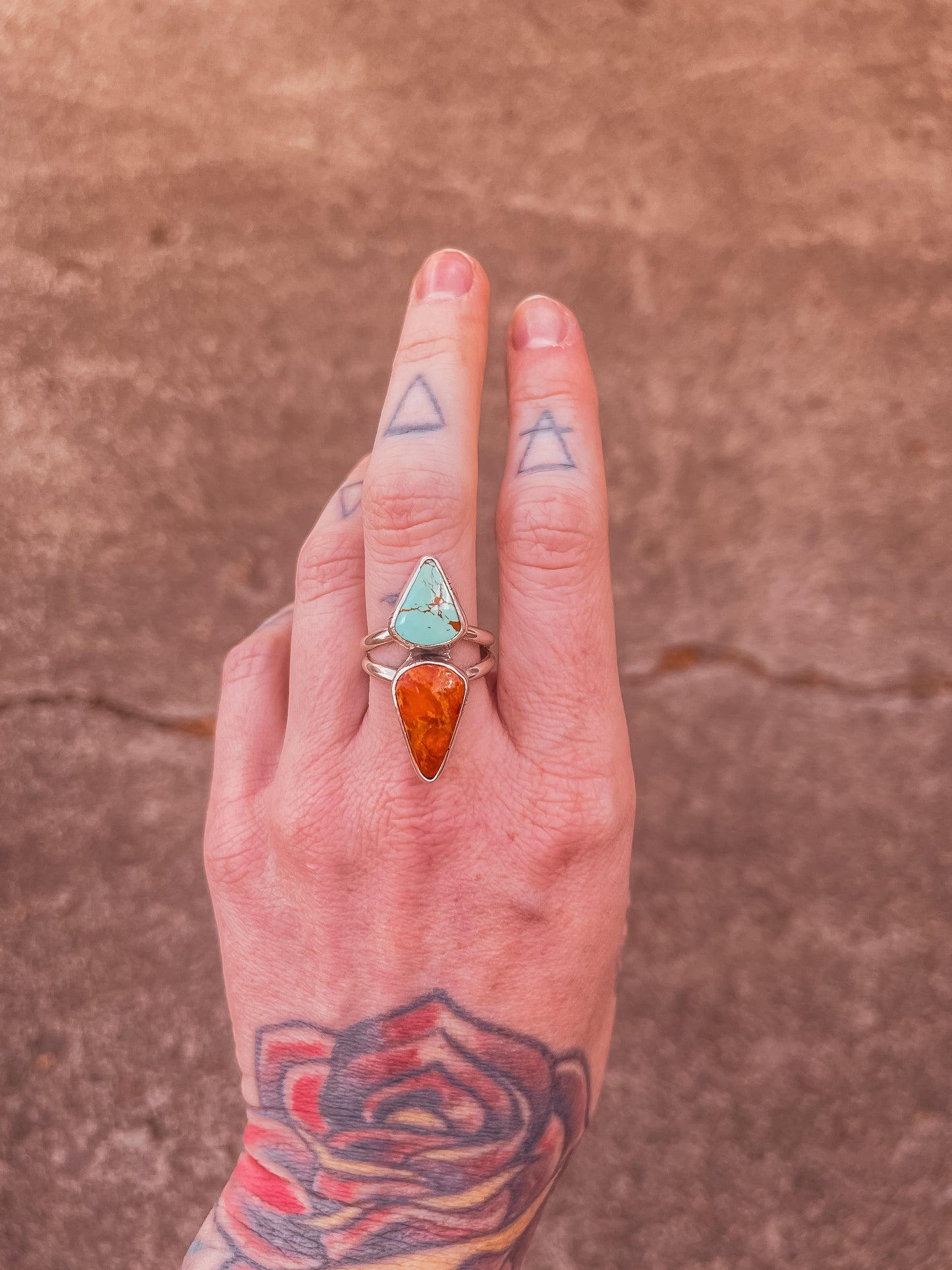 Double Banded Apple Coral & Royston Turquoise Ring (size 9.5)