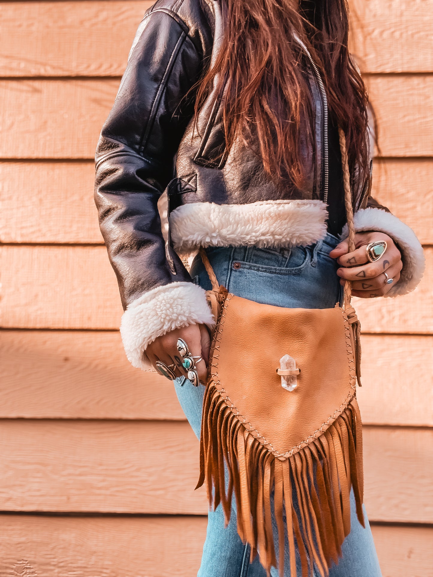 Handmade Deer Skin Leather Bag with Quartz & Fringe