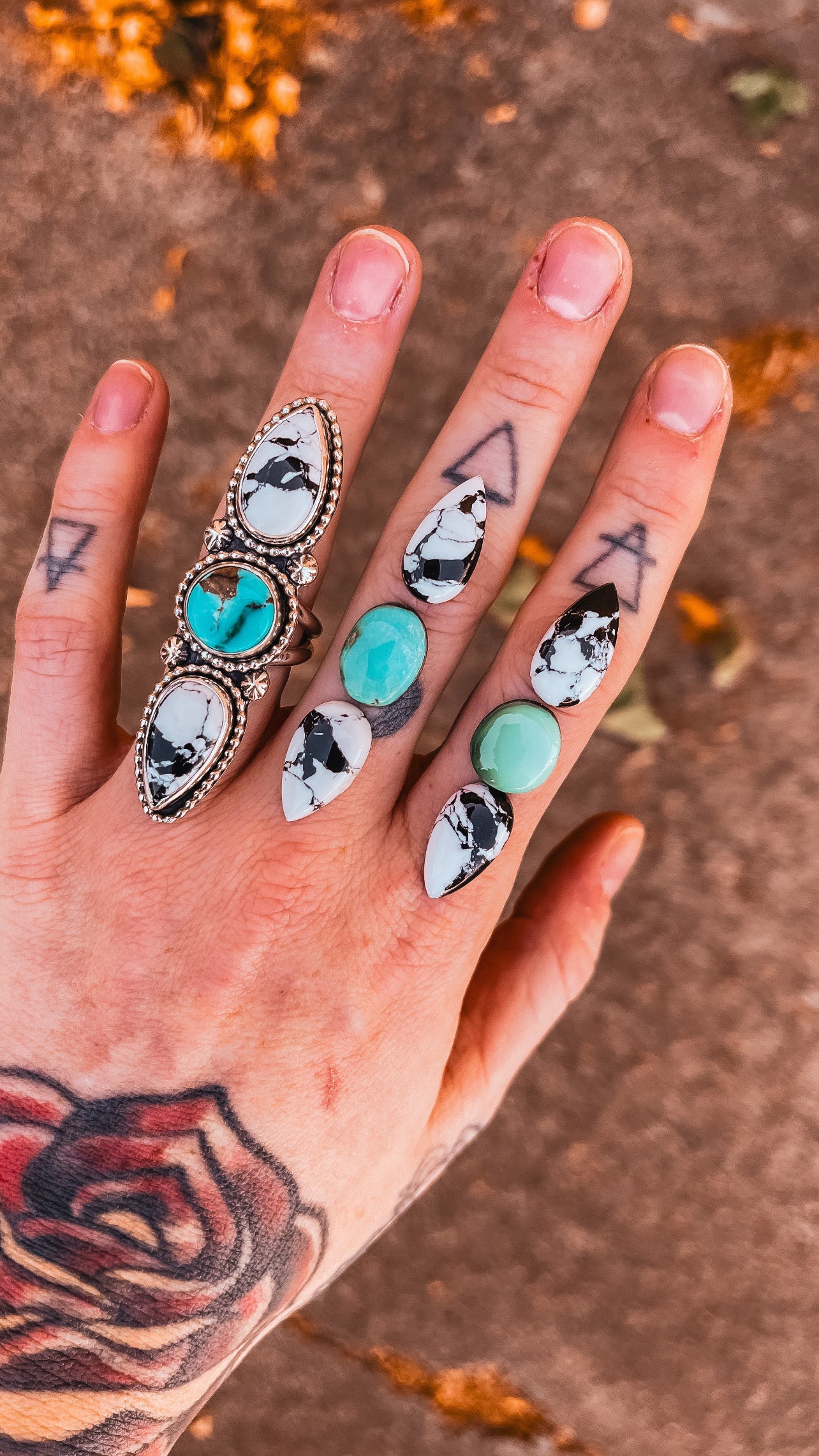 3 Stone Statement ring with White Buffalo and Dry Creek Turquoise