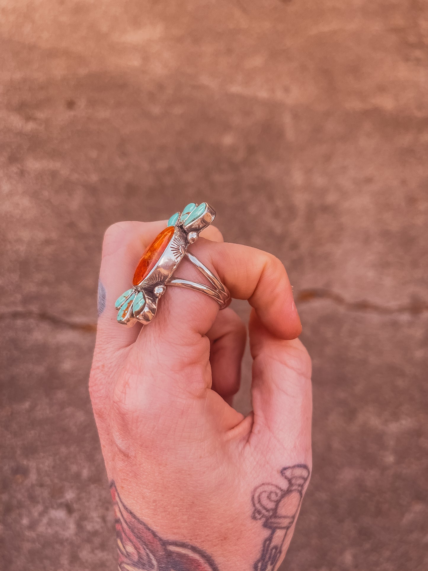 Double Banded Apple Coral & Royston Turquoise Ring (size 11)