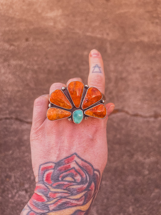 Large Naja Statement Cuff with Apple Coral & Royston Turquoise