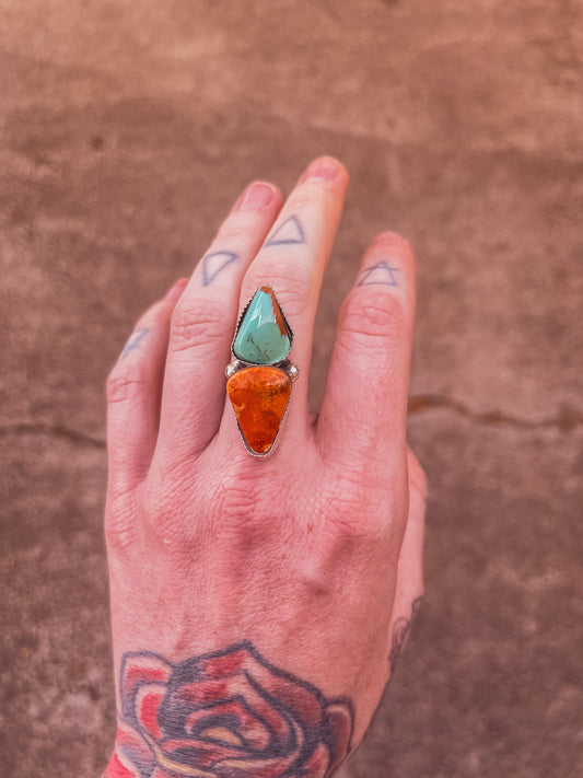 Made to Order Double Banded Apple Coral & Royston Turquoise Ring (in your size) only 1 available