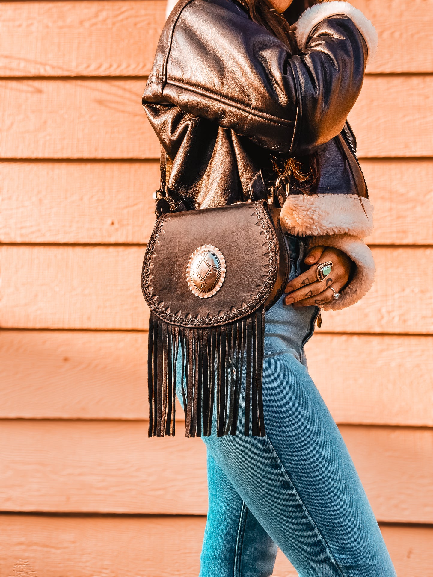 Handcrafted Leather Bag with Concho & Fringe