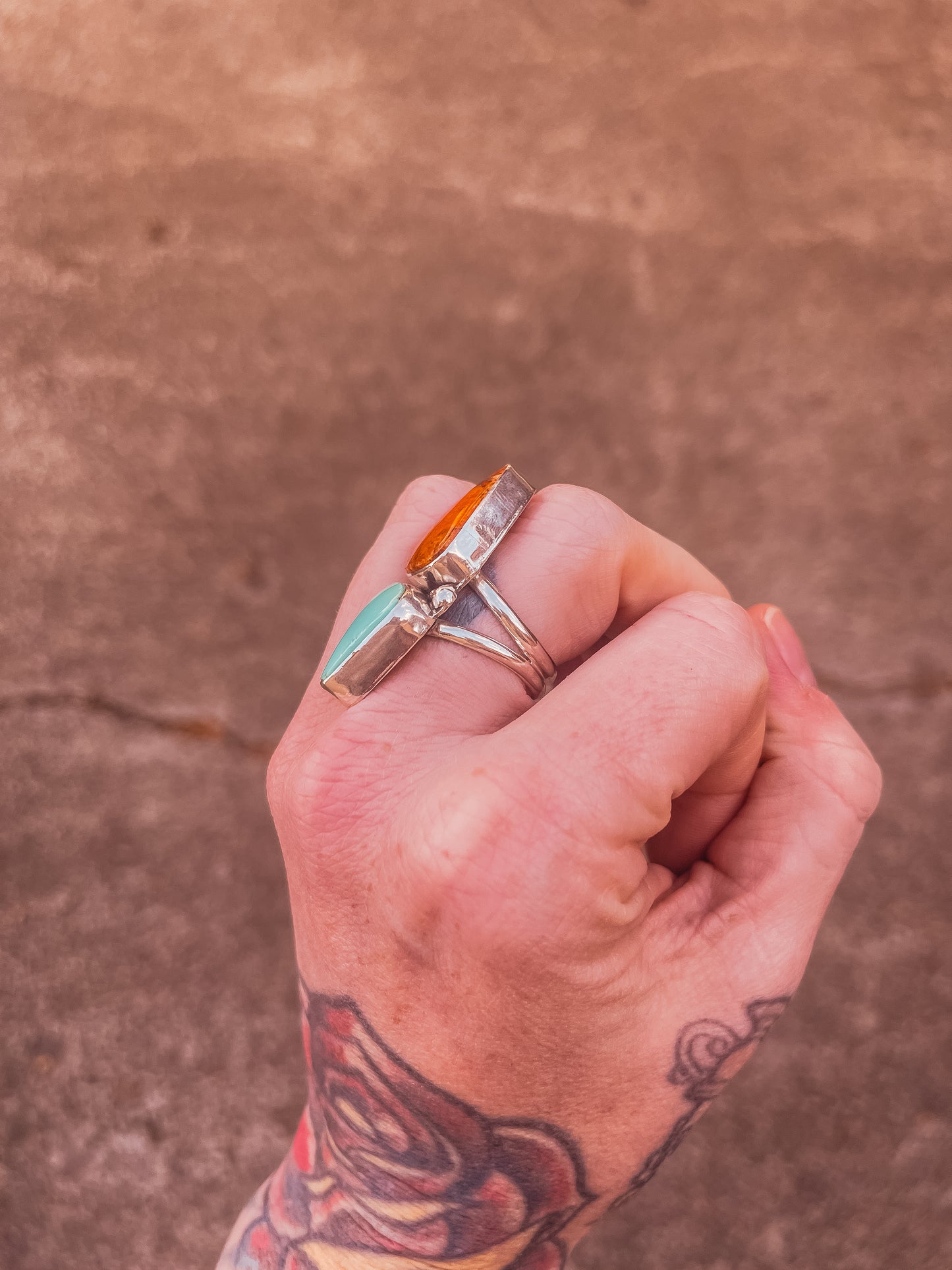 Double Banded Apple Coral & Royston Turquoise Ring (size 6.5)