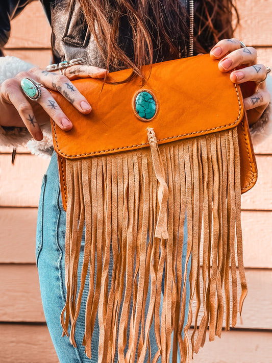 Hand Dyed and Hand Sewn Leather Bag with Fringe and Turquoise